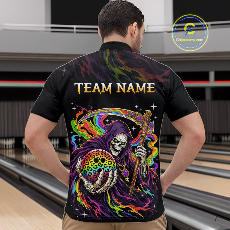 Custom Grim Reaper Rainbow Skull Bowling Team Shirts Bowling Jerseys for Men Polo & 1/4 Zip HNT560