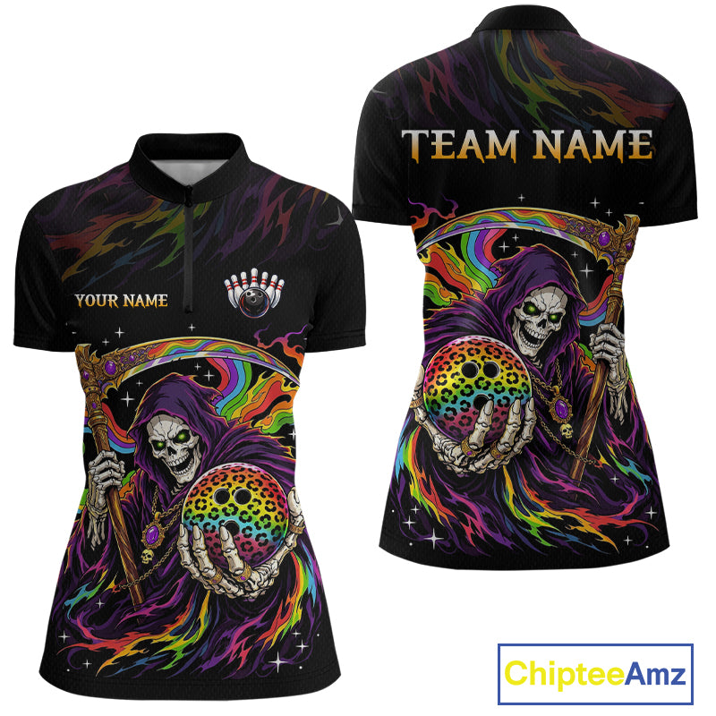 Custom Grim Reaper Rainbow Skull Bowling Team Shirts Bowling Jerseys for Women Polo & 1/4 Zip HNT560