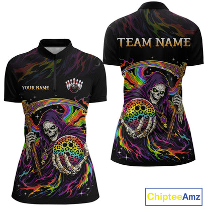 Custom Grim Reaper Rainbow Skull Bowling Team Shirts Bowling Jerseys for Women Polo & 1/4 Zip HNT560
