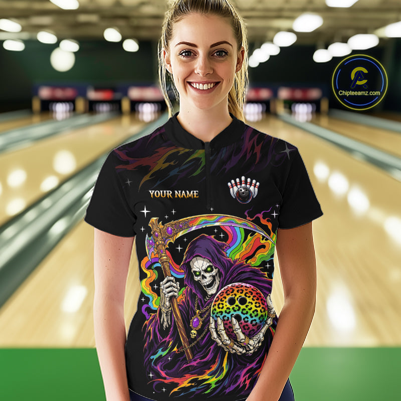 Custom Grim Reaper Rainbow Skull Bowling Team Shirts Bowling Jerseys for Women Polo & 1/4 Zip HNT560
