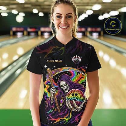 Custom Grim Reaper Rainbow Skull Bowling Team Shirts Bowling Jerseys for Women Polo & 1/4 Zip HNT560
