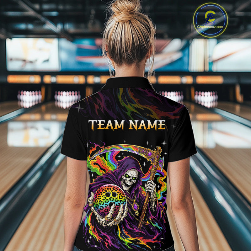 Custom Grim Reaper Rainbow Skull Bowling Team Shirts Bowling Jerseys for Women Polo & 1/4 Zip HNT560