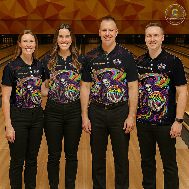 Custom Grim Reaper Rainbow Skull Bowling Team Shirts Bowling Jerseys for Men Polo & 1/4 Zip HNT560
