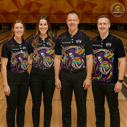 Custom Grim Reaper Rainbow Skull Bowling Team Shirts Bowling Jerseys for Men Polo & 1/4 Zip HNT560