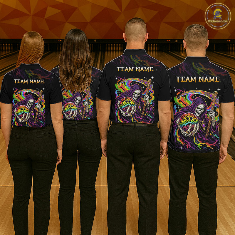 Custom Grim Reaper Rainbow Skull Bowling Team Shirts Bowling Jerseys for Men Polo & 1/4 Zip HNT560