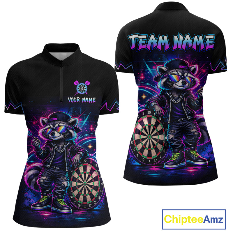 Custom Neon Galaxy Funny Raccoon Dart Shirts for Women Dart Team Jerseys Darts League Shirt NNT343