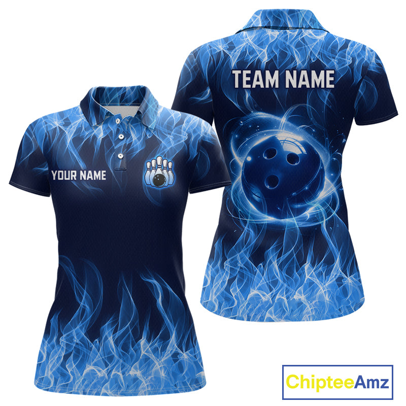 Blue Flame Bowling Ball Custom Bowling Jersey for Women Bowling Team Shirts Polo & 1/4 Zip HNT695