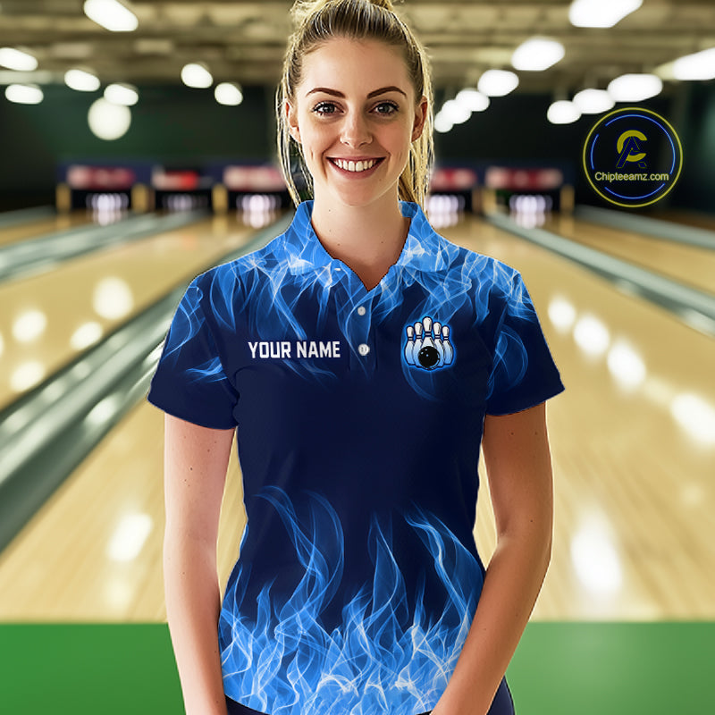 Blue Flame Bowling Ball Custom Bowling Jersey for Women Bowling Team Shirts Polo & 1/4 Zip HNT695