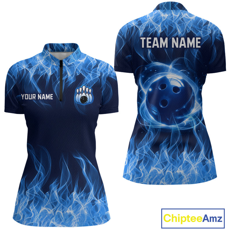 Blue Flame Bowling Ball Custom Bowling Jersey for Women Bowling Team Shirts Polo & 1/4 Zip HNT695
