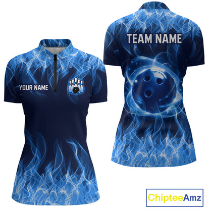 Blue Flame Bowling Ball Custom Bowling Jersey for Women Bowling Team Shirts Polo & 1/4 Zip HNT695