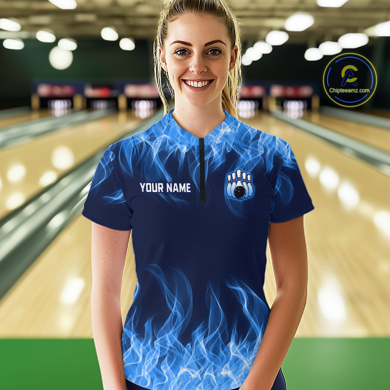 Blue Flame Bowling Ball Custom Bowling Jersey for Women Bowling Team Shirts Polo & 1/4 Zip HNT695