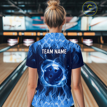 Blue Flame Bowling Ball Custom Bowling Jersey for Women Bowling Team Shirts Polo & 1/4 Zip HNT695