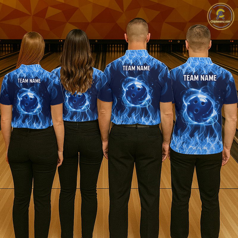 Blue Flame Bowling Ball Custom Bowling Jersey for Women Bowling Team Shirts Polo & 1/4 Zip HNT695