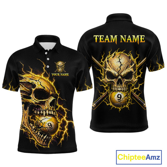 Custom Yellow Flame Skull 9 Ball Cracked Billiard Shirt for Men Billiard Team Jersey NNT195