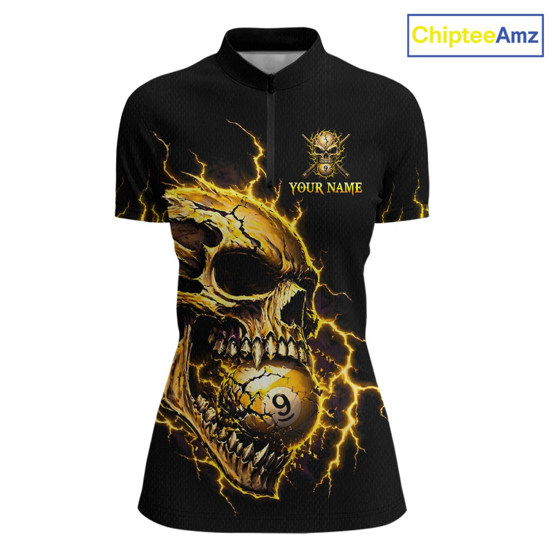 Custom Yellow Flame Skull 9 Ball Cracked Billiard Shirt for Women Billiard Team Jersey NNT195