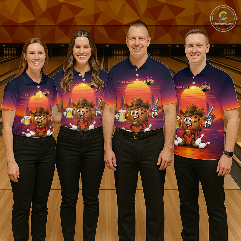 Custom Funny Cowboy Beer Bowling Team Shirts Retro Sunset Bowling Jersey for Women HNT463
