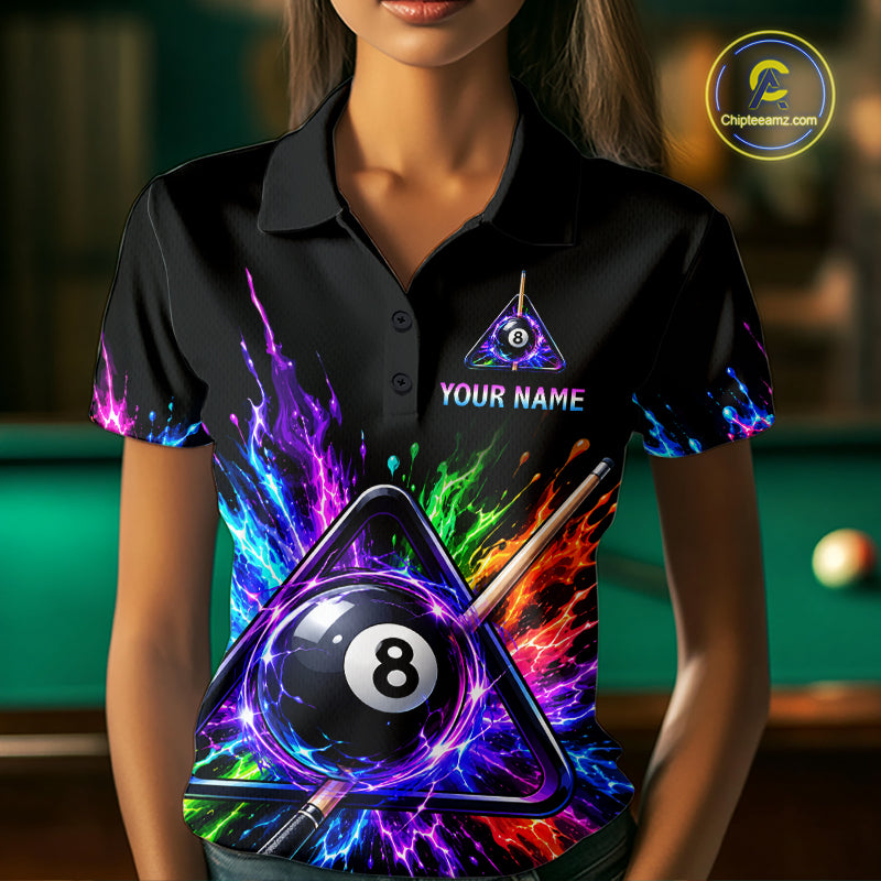 Custom Colorful 8 Ball & Pool Cue Billiard Team Shirts for Women Billiard League Jerseys NNT347