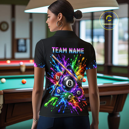 Custom Colorful 8 Ball & Pool Cue Billiard Team Shirts for Women Billiard League Jerseys NNT347