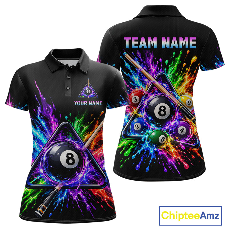 Custom Colorful 8 Ball & Pool Cue Billiard Team Shirts for Women Billiard League Jerseys NNT347