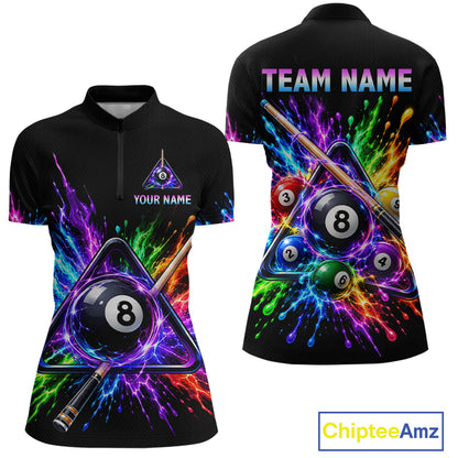 Custom Colorful 8 Ball & Pool Cue Billiard Team Shirts for Women Billiard League Jerseys NNT347