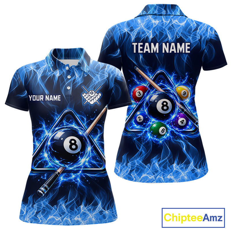 Custom Blue Flame 8 Ball & Pool Cue Billiard Team Shirts for Women Billiard League Jerseys NNT378