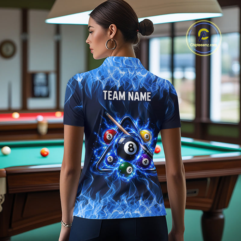Custom Blue Flame 8 Ball & Pool Cue Billiard Team Shirts for Women Billiard League Jerseys NNT378
