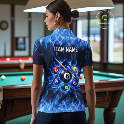 Custom Blue Flame 8 Ball & Pool Cue Billiard Team Shirts for Women Billiard League Jerseys NNT378