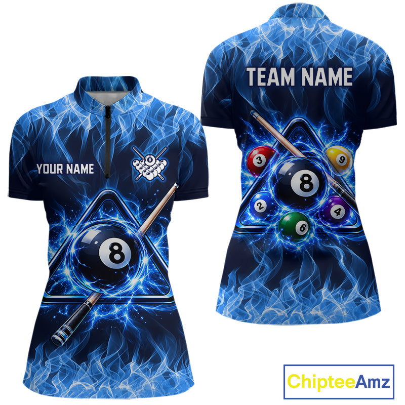 Custom Blue Flame 8 Ball & Pool Cue Billiard Team Shirts for Women Billiard League Jerseys NNT378