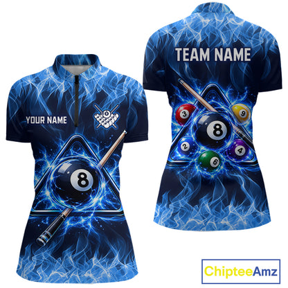 Custom Blue Flame 8 Ball & Pool Cue Billiard Team Shirts for Women Billiard League Jerseys NNT378