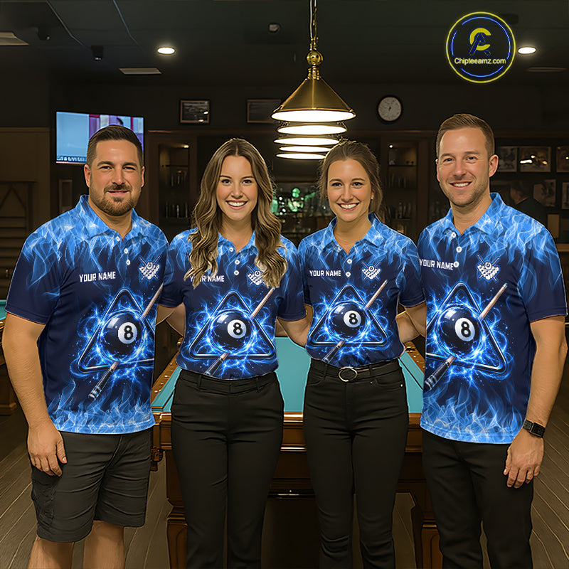 Custom Blue Flame 8 Ball & Pool Cue Billiard Team Shirts for Women Billiard League Jerseys NNT378