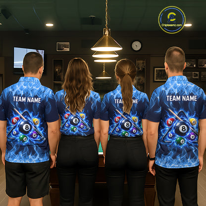 Custom Blue Flame 8 Ball & Pool Cue Billiard Team Shirts for Women Billiard League Jerseys NNT378