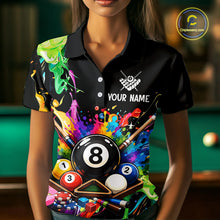Load image into Gallery viewer, Person wearing a colorful polo shirt with billiards design and customizable text.