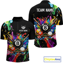 Load image into Gallery viewer, Colorful billiards-themed shirt with customizable text on a white background