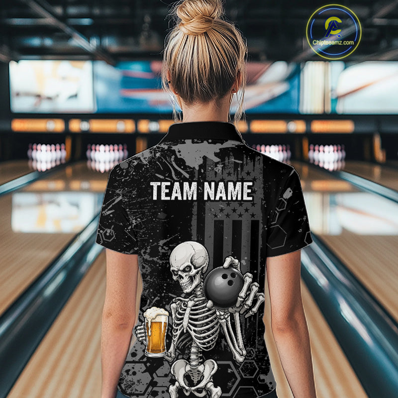 A woman viewed from behind wearing a black short-sleeve bowling-themed polo shirt with a large skeleton graphic holding a bowling ball and a beer glass, plus the text 'TEAM NAME' on the back. Bowling lanes are visible in the background, and a circular 'CustomPolio.