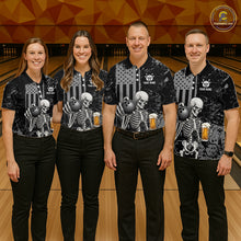 Load image into Gallery viewer, Four people standing together in a bowling alley wearing matching black short-sleeve bowling shirts with a skeleton and bowling pin graphic, paired with black pants. The shirts have a distressed American flag design and the text 'YOUR NAME' and 'TEAM'.