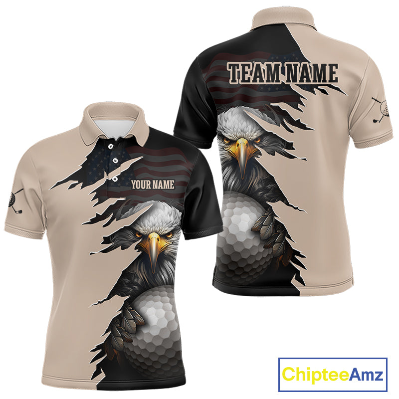 A short-sleeve polo shirt with a split design: the left side is beige with a torn-paper effect revealing a bald eagle and golf ball graphic, while the right side is black with a faded American flag pattern. The shirt includes placeholder text reading 'YOUR NAME' on the chest and a 'ChipteeAmz' logo in the top right corner.