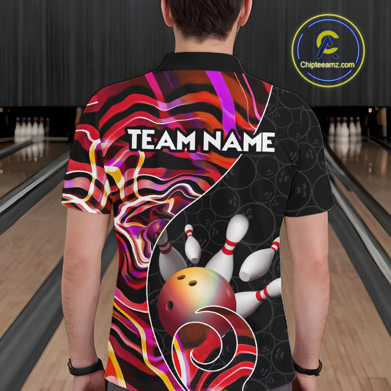 Custom Red Neon Wave Bowling Team Shirts, Strike Bowling Shirts For Men Bowling Jersey HNT465
