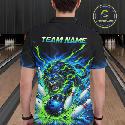 A man viewed from behind wearing a black short-sleeve bowling shirt with a large blue and green roaring lion graphic and the words 'TEAM NAME' across the upper back. Bowling lanes are visible in the background, and a circular Chipteamz.