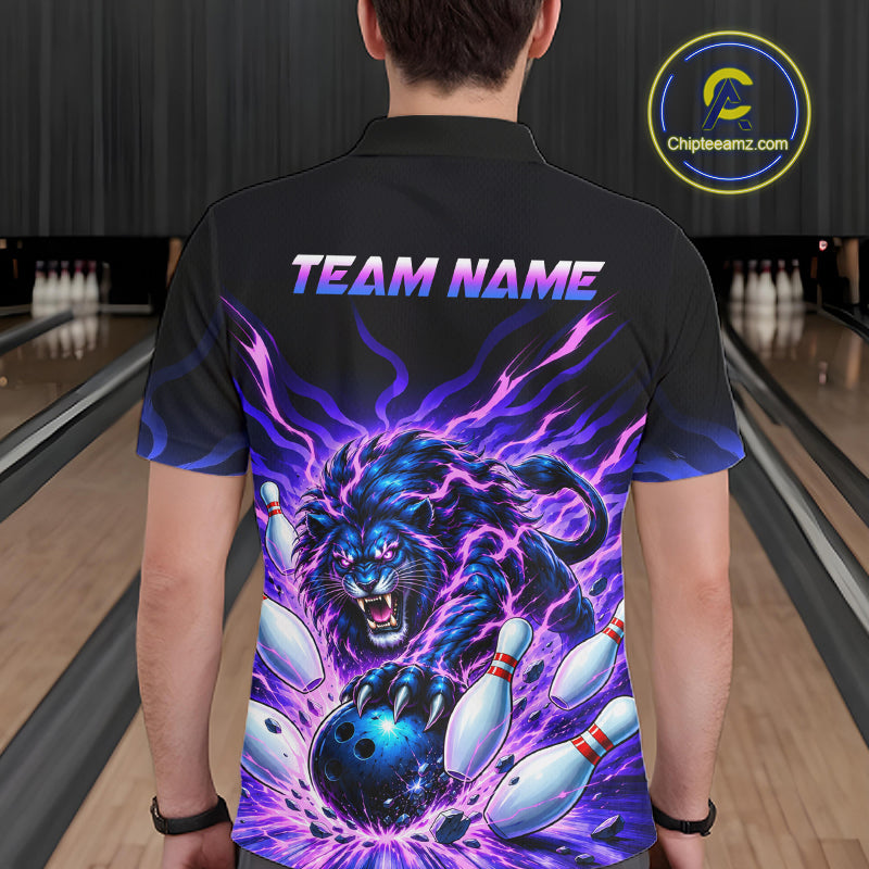 Custom Purple Flame Lion Bowling Team Shirts for Men Bowling League Shirts Polo & 1/4 Zip HNT632
