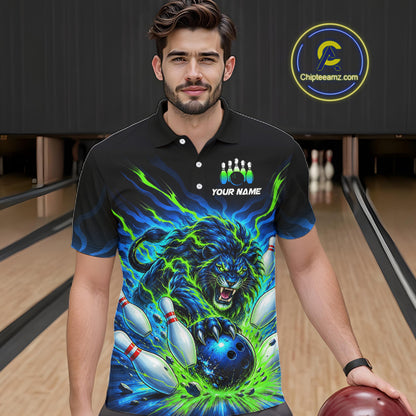 A man wearing a black short-sleeve polo bowling jersey with a vibrant blue and green graphic of a roaring lion and bowling pins, set against a bowling alley background.