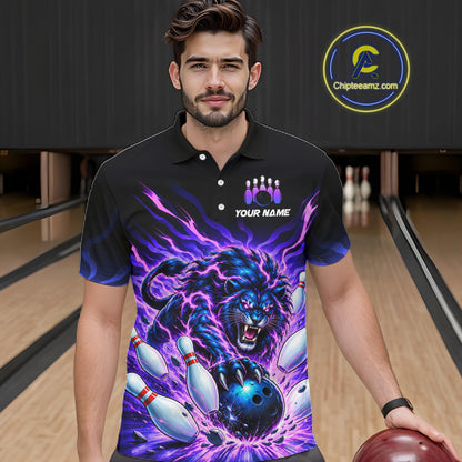 Custom Purple Flame Lion Bowling Team Shirts for Men Bowling League Shirts Polo & 1/4 Zip HNT632