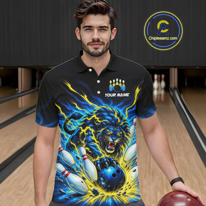 Custom Yellow Flame Lion Bowling Team Shirts for Men Bowling League Shirts Polo & 1/4 Zip HNT632