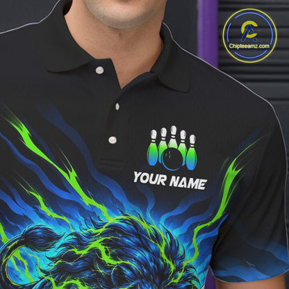 A close-up of a man wearing a black short-sleeve polo shirt with a bowling-themed graphic print. The design features a bowling pins and ball motif above the text 'YOUR NAME' on the chest, with vibrant blue and neon green lightning-bolt patterns across the lower portion.