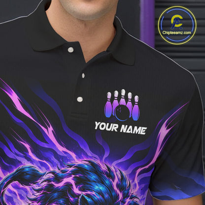 Custom Purple Flame Lion Bowling Team Shirts for Men Bowling League Shirts Polo & 1/4 Zip HNT632