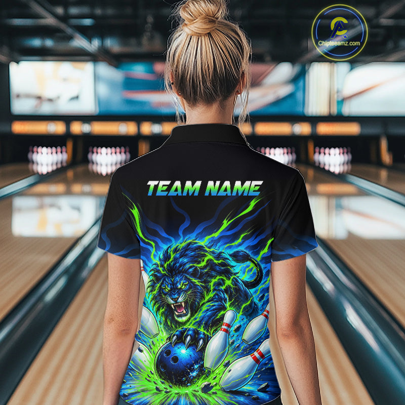 Custom Green Flame Lion Bowling Team Shirts for Women Bowling League Shirts Polo & 1/4 Zip HNT632