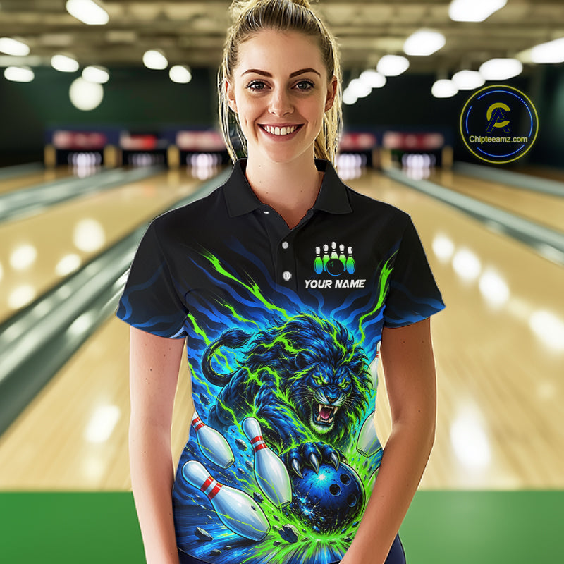 Custom Green Flame Lion Bowling Team Shirts for Women Bowling League Shirts Polo & 1/4 Zip HNT632
