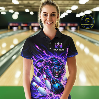 Custom Purple Flame Lion Bowling Team Shirts for Women Bowling League Shirts Polo & 1/4 Zip HNT632