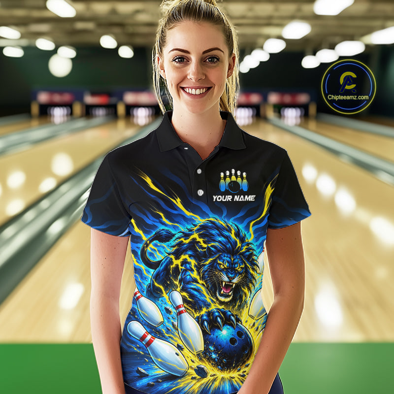 Custom Yellow Flame Lion Bowling Team Shirts for Women Bowling League Shirts Polo & 1/4 Zip HNT632