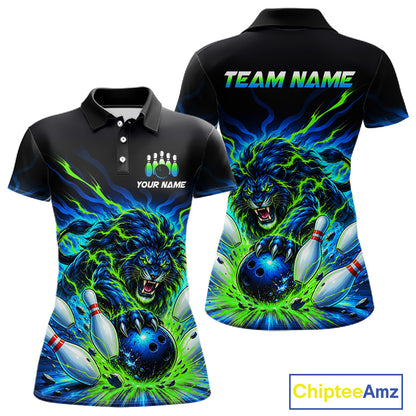 Custom Green Flame Lion Bowling Team Shirts for Women Bowling League Shirts Polo & 1/4 Zip HNT632