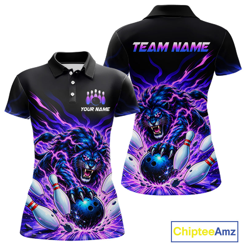 Custom Purple Flame Lion Bowling Team Shirts for Women Bowling League Shirts Polo & 1/4 Zip HNT632